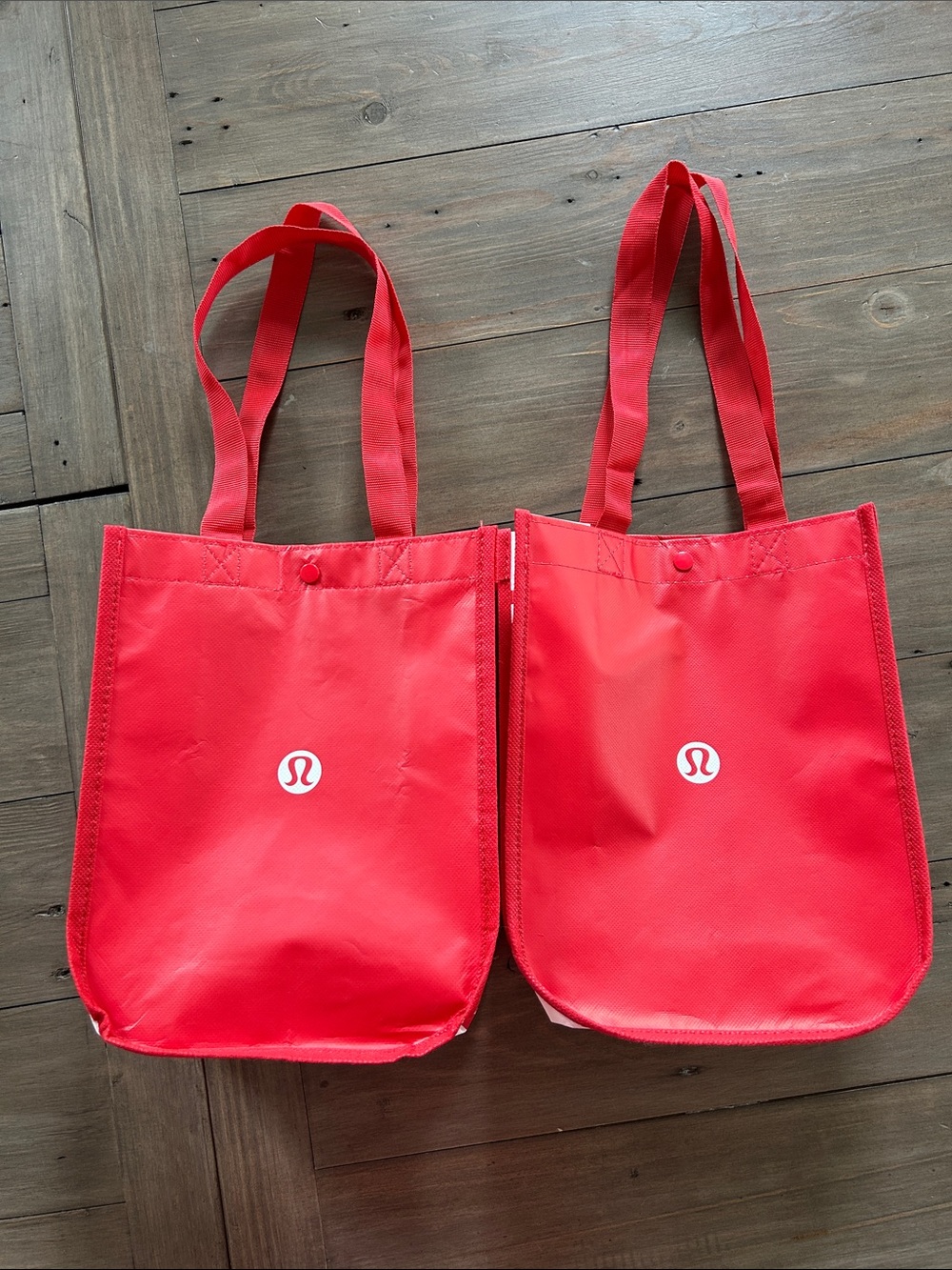 TWO NEW Lululemon Reusable Shopping Tote Bag Red Snap Closure Logo RED